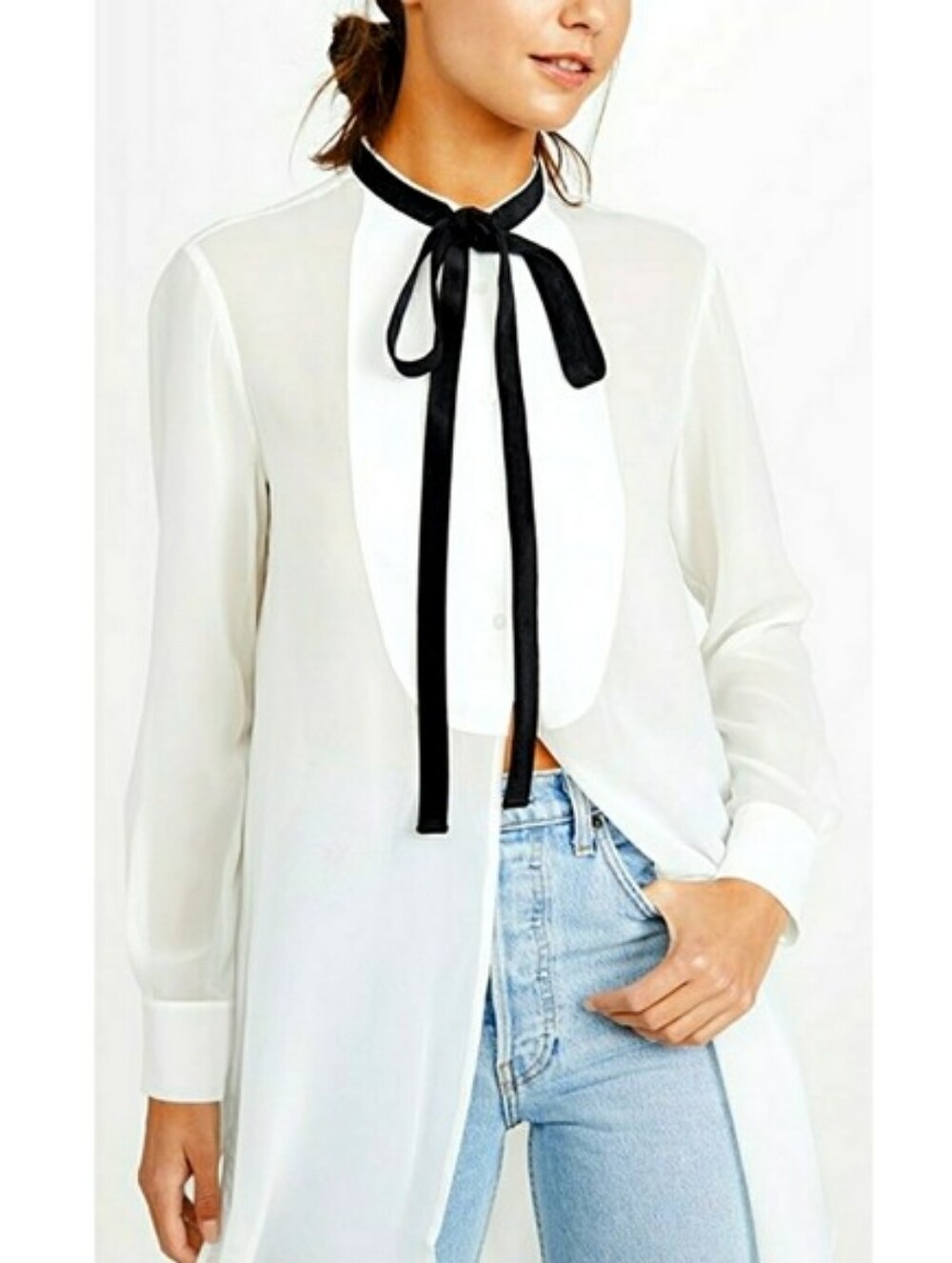Club Monaco silk tuxedo velvet tie blouse Sz.S